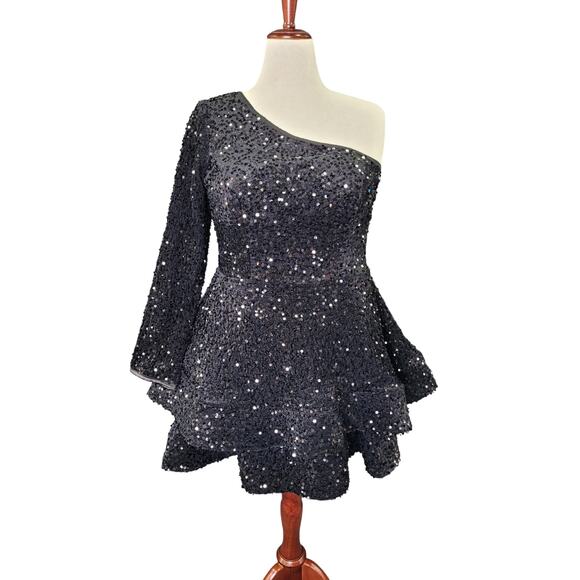NWT Black Asymmetric One Long Sleeve Short Sequin Dress - Picture 1 of 11